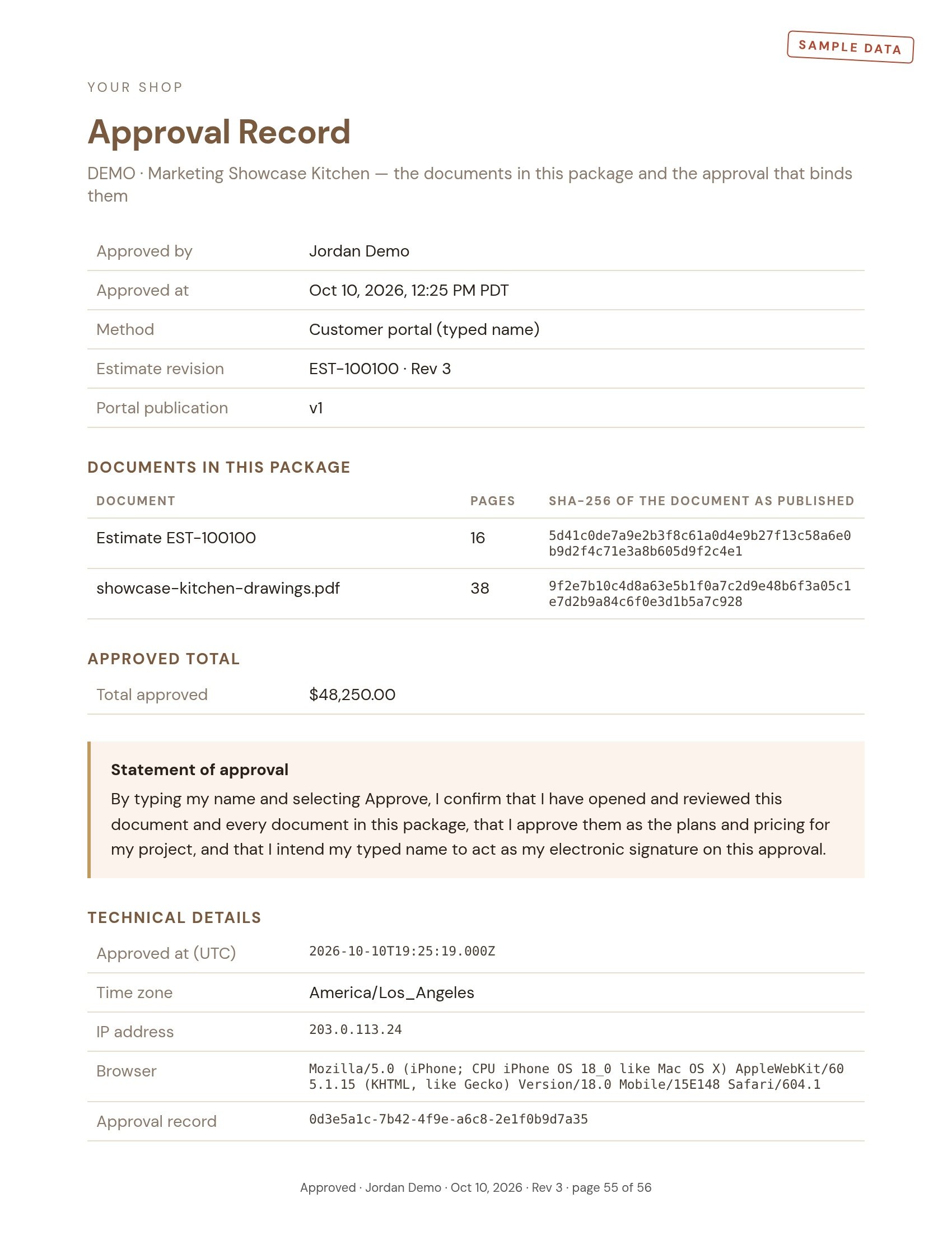 Sample Approval Record page for DEMO · Marketing Showcase Kitchen: approved by Jordan Demo on Oct 10, 2026 through the customer portal (typed name), estimate EST-100100 Rev 3, two documents with page counts and SHA-256 fingerprints, an approved total of $48,250.00, the statement of approval and technical details, stamped page 55 of 56