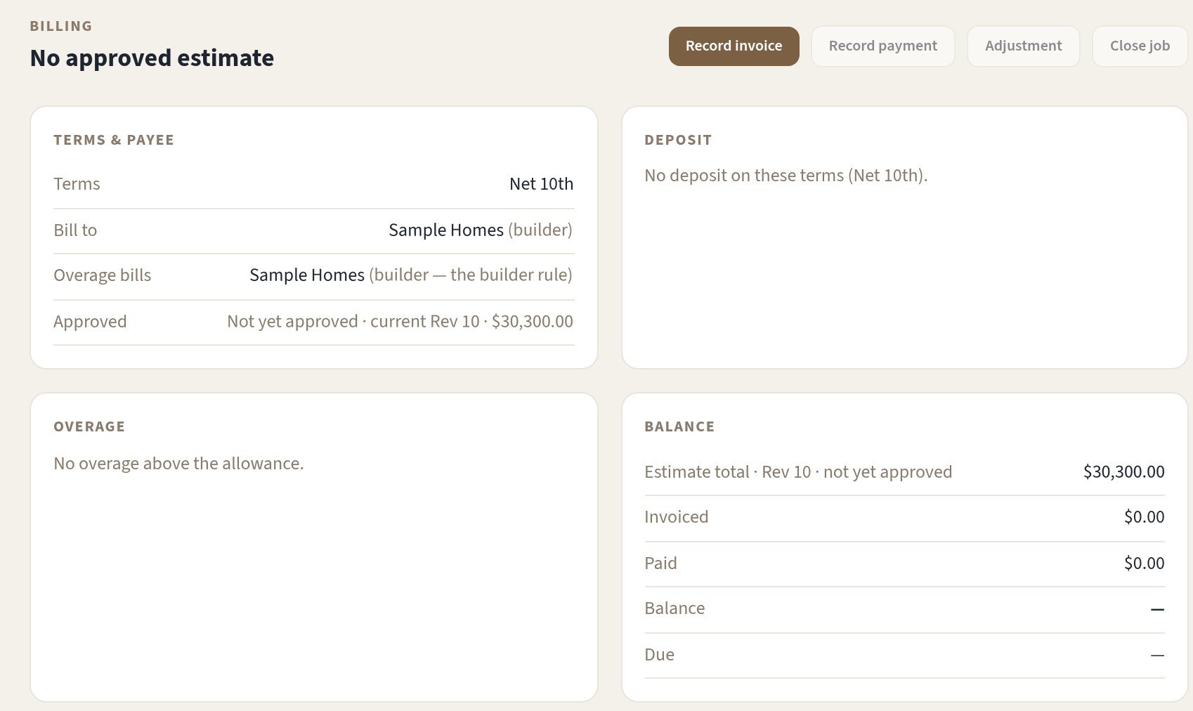 Billing tab on a demo job: terms and payee, deposit, overage, and a balance card with estimate total, invoiced and paid
