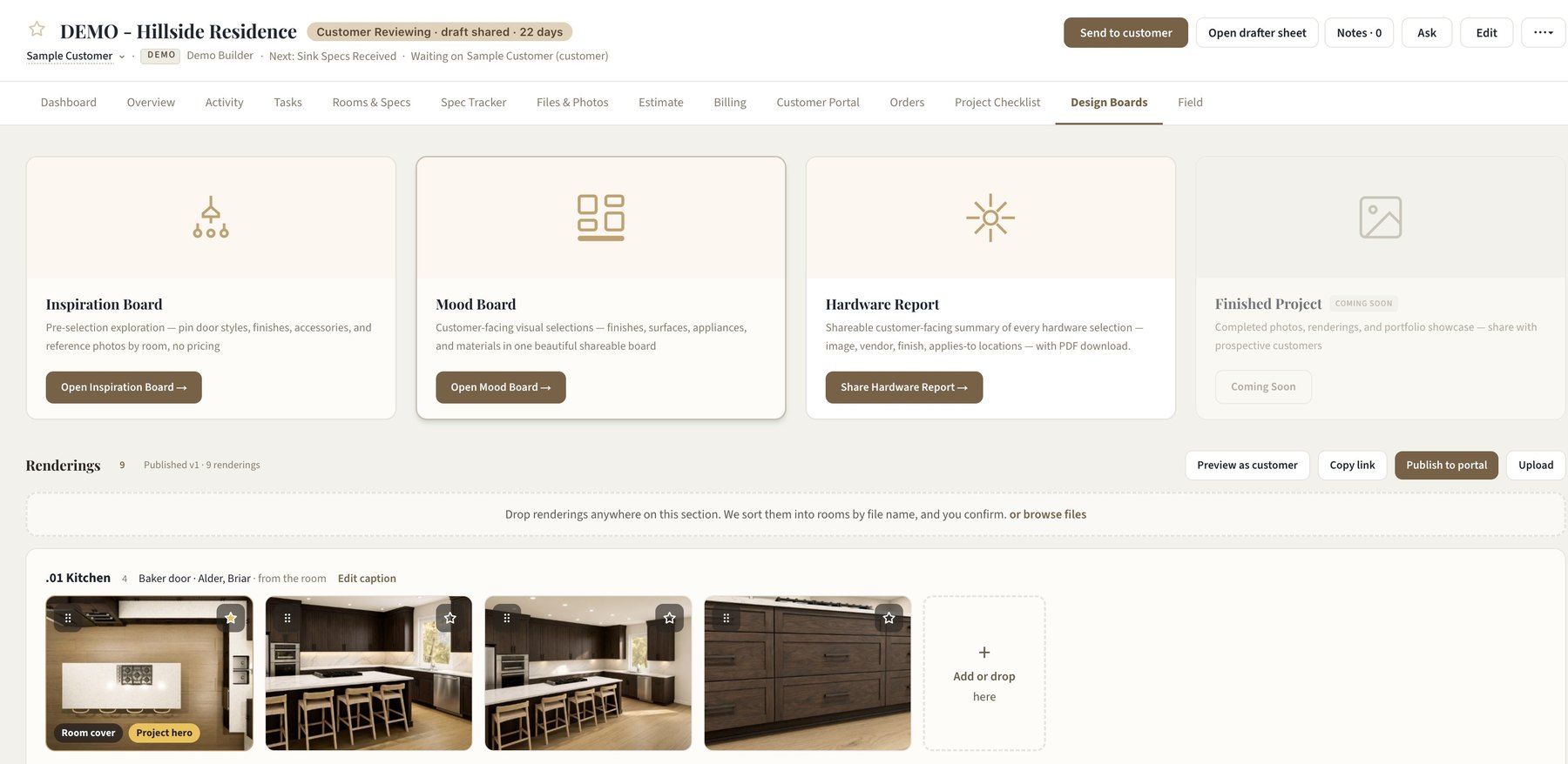 Design Boards tab on a demo project: Inspiration Board, Mood Board and Hardware Report cards, and a Renderings row of four kitchen color renderings ready to publish to the portal
