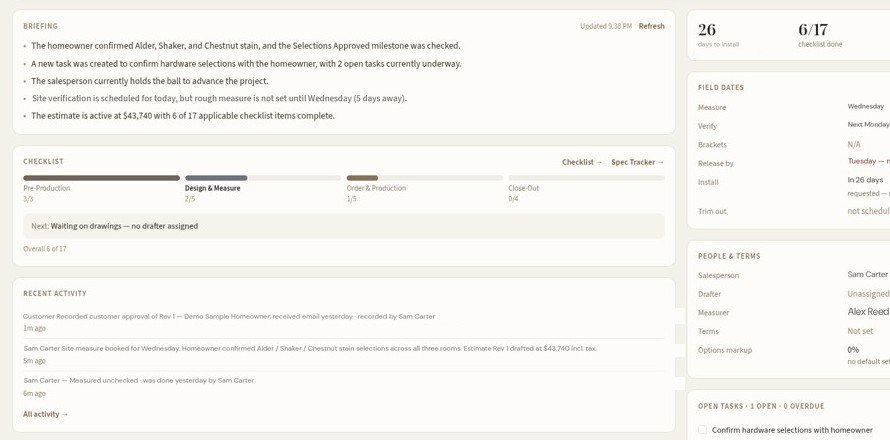 Job dashboard with AI briefing, checklist progress and recent activity