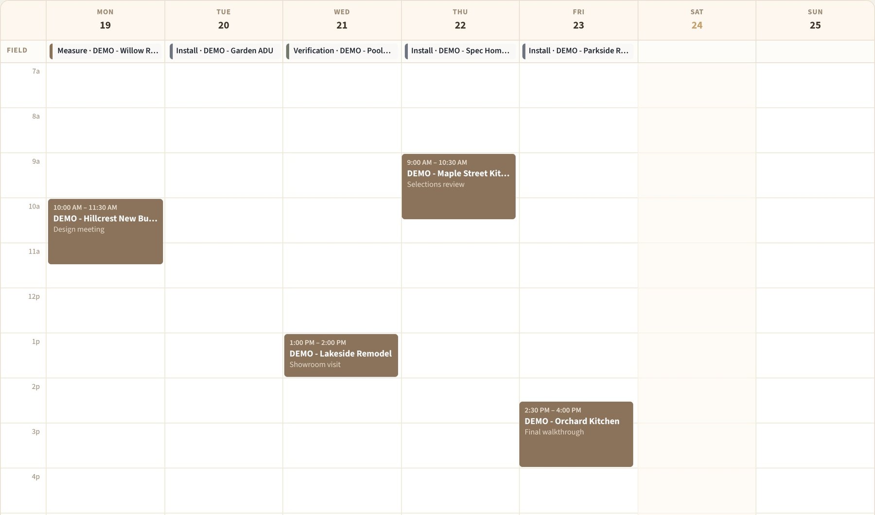 Week calendar with demo field events (a measure, installs and a verification) and appointments