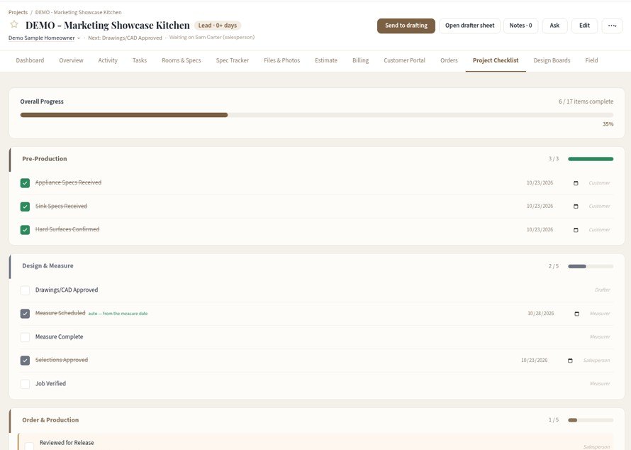 Project checklist grouped into Pre-Production, Design and Measure, Order and Production