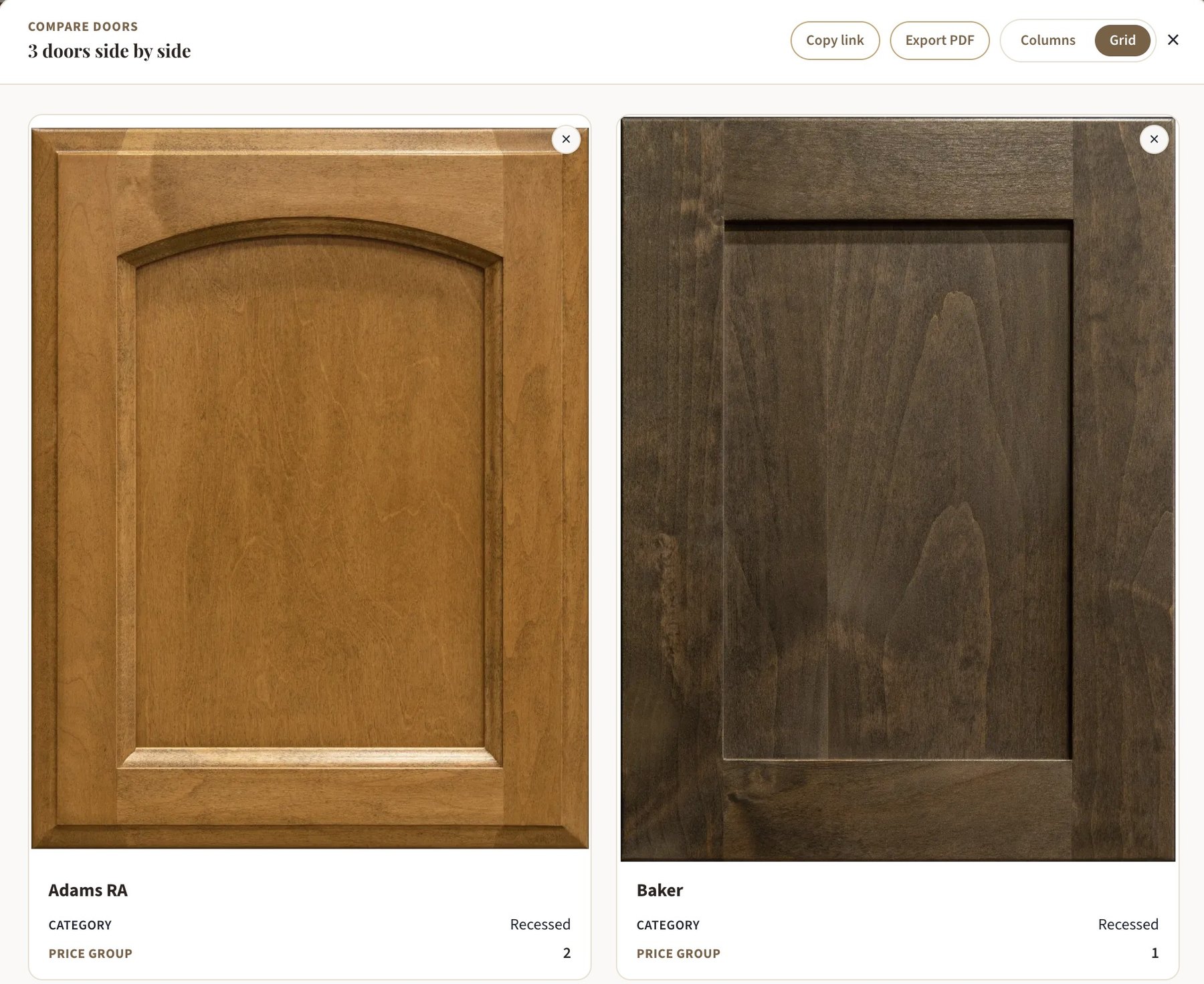 Compare doors window showing door styles side by side with category and price group, plus Copy link and Export PDF