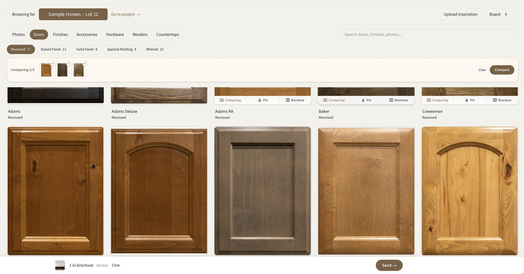 Design Library doors tab for a demo job: style filters, a compare tray with three doors, and Pin and Brochure buttons on each door