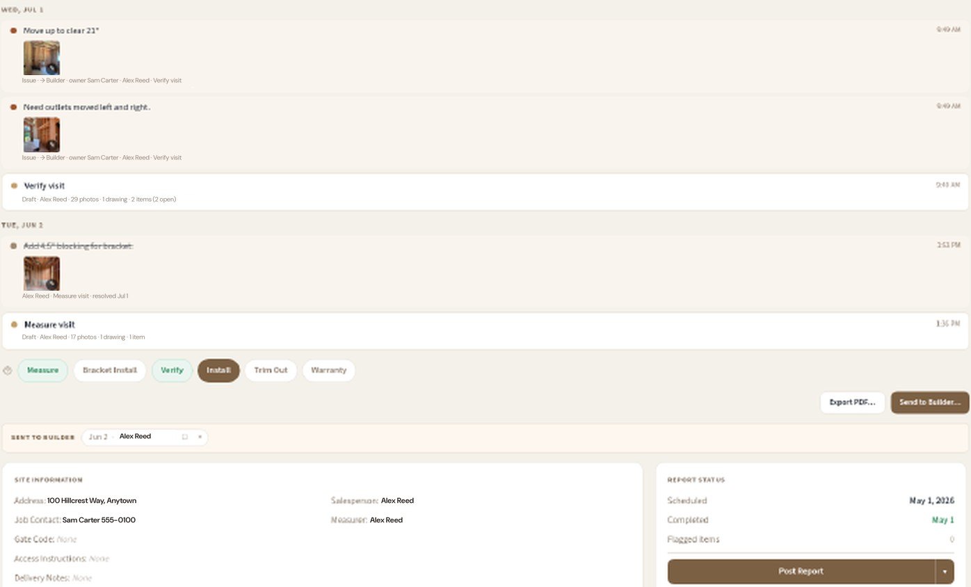 Field timeline on a demo job: issues sent to the builder with photos, verify and measure visits, and the measure report with site information and report status