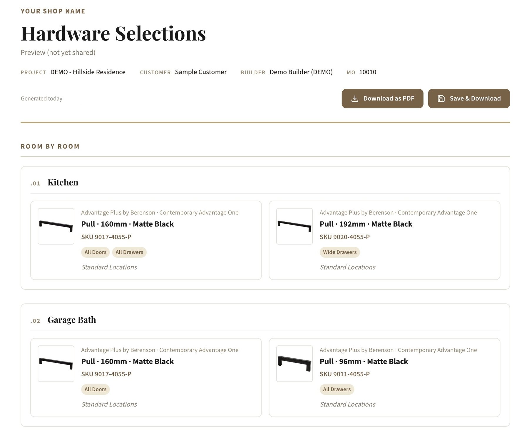 Hardware Selections report for a demo project: Berenson matte black pulls listed room by room for the kitchen and garage bath, with SKUs and where each one goes, plus Download as PDF