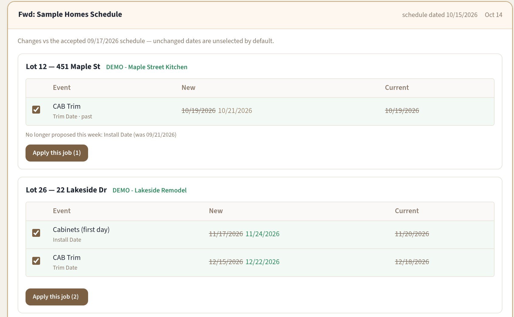 Forwarded builder schedule for demo jobs: each change shows the new date beside the current one, with an Apply this job button