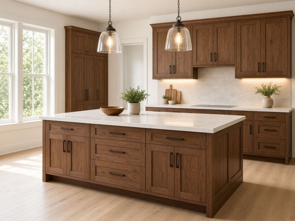 Finished kitchen island in chestnut-stained alder