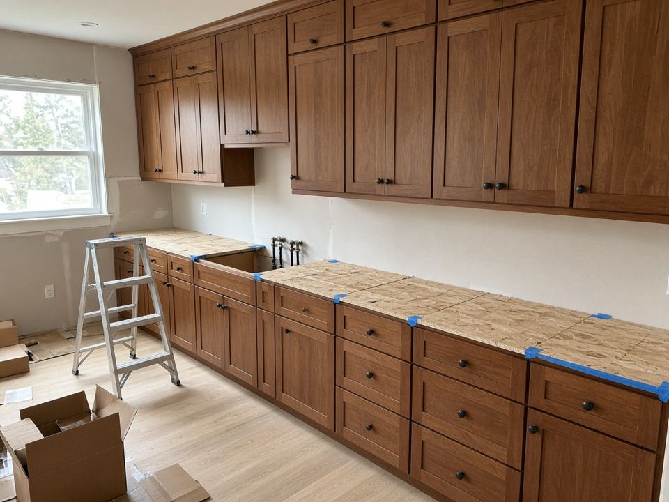 Kitchen perimeter cabinets set, tops still plywood, on install day