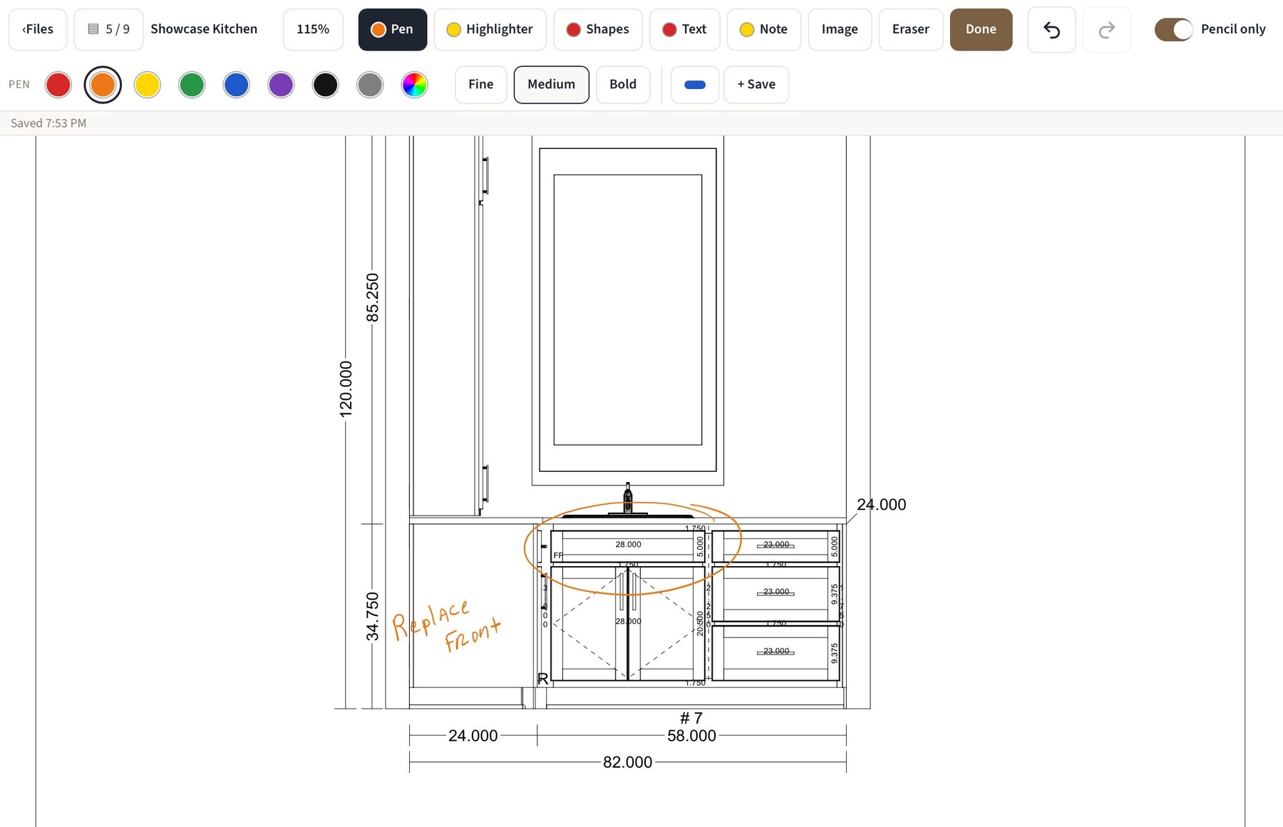 Cabinet elevation on iPad with an orange pen circle around the sink base and a handwritten Replace Front note