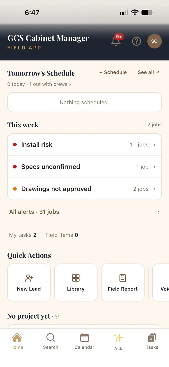 Field app home: tomorrow's schedule, this week's alerts and quick actions