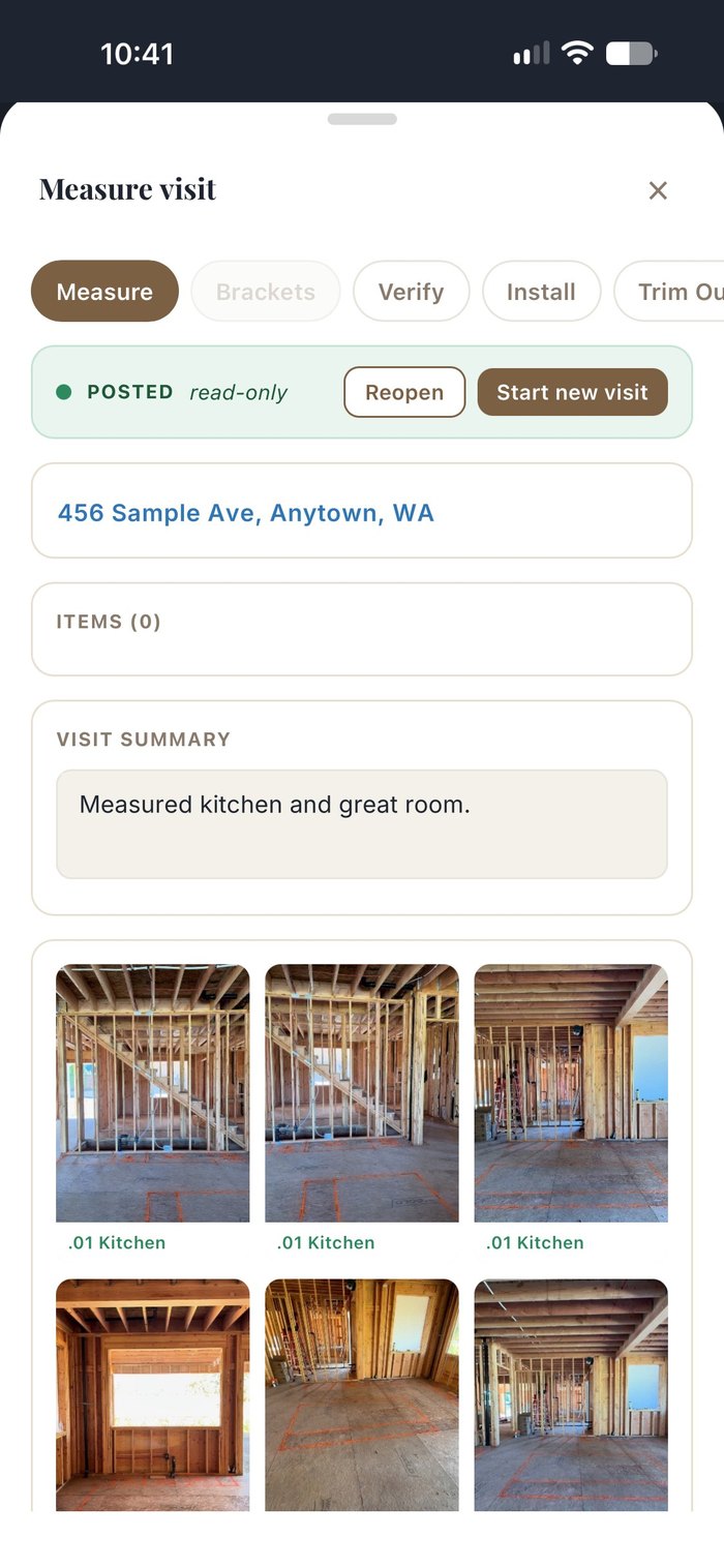 Measure visit on iPhone: job address, visit summary and job-site photos filed by room