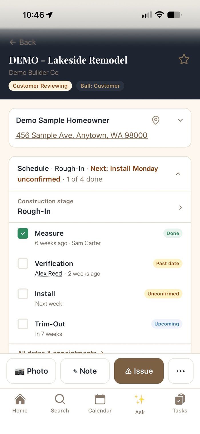 Job schedule on iPhone: measure done, verification past date, install unconfirmed and trim-out upcoming, each with dates and crew