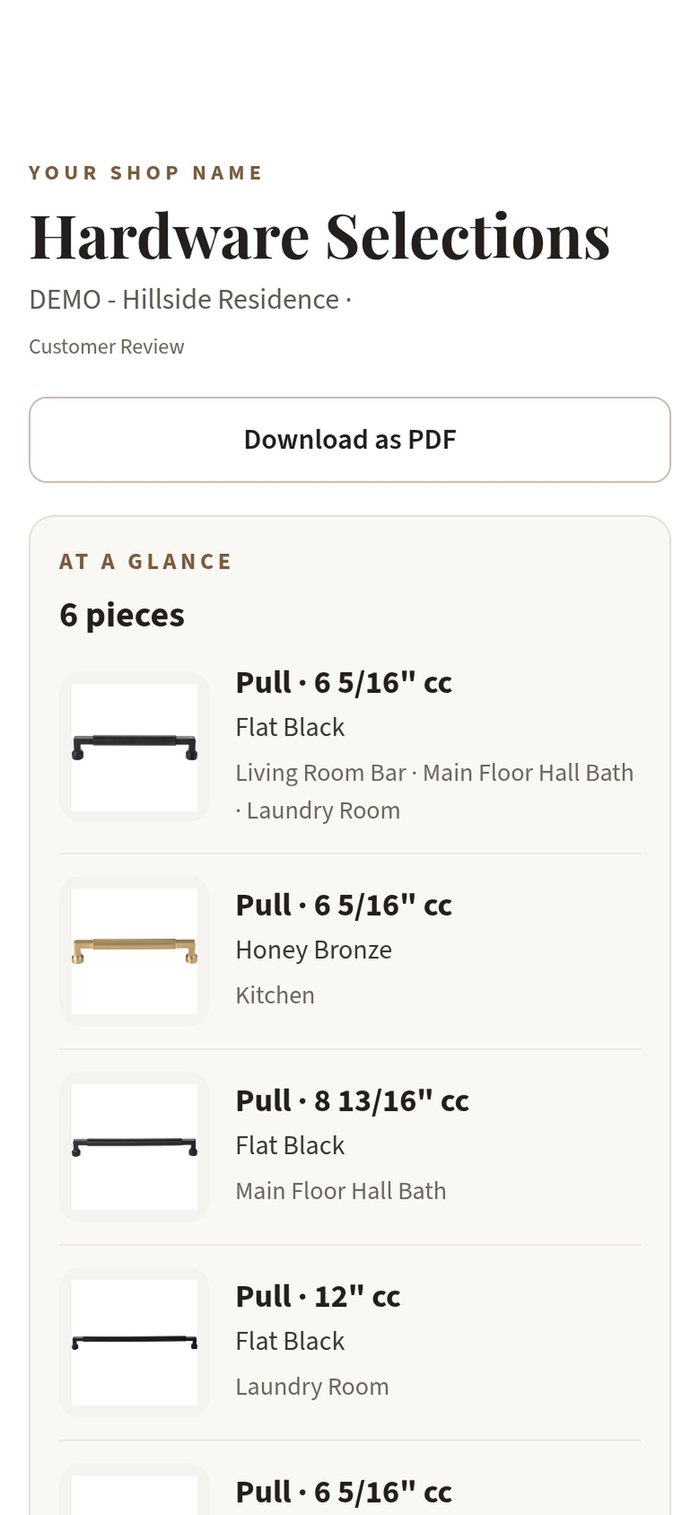 The shared hardware report on an iPhone: an at-a-glance list of pulls with finishes and the rooms they go in